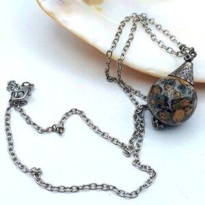 Leopard Skin Jasper Jaguar Stone Pendant Silver Tone 20" Necklace Boho